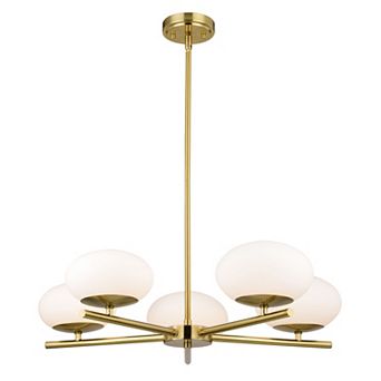 Sloane 5 Light LED Gold Satin Brass Mid-Century Modern Chandelier with White Glass Globes