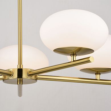 Sloane 5 Light LED Gold Satin Brass Mid-Century Modern Chandelier with White Glass Globes