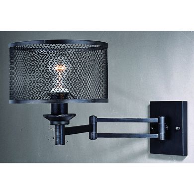 Polk Plug-In Motion Sensor On-Off Swing Arm Wall Lamp Mesh Metal and Fabric Drum Shade