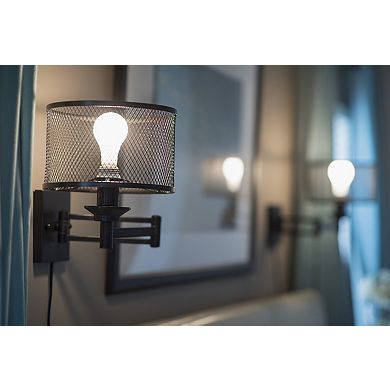 Polk Plug-In Motion Sensor On-Off Swing Arm Wall Lamp Mesh Metal and Fabric Drum Shade