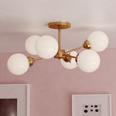 Orbit Brass Mid-Century Modern Sputnik Semi Flush Mount Ceiling Light Fixture White Glass Globes