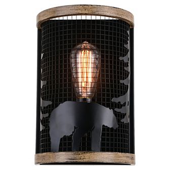 Kodiak 1 Light Black Cage Rustic Wall Sconce Bear and Tree Motif