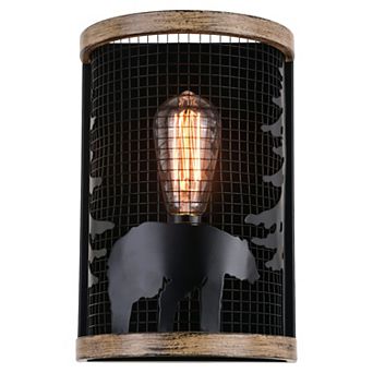 Kodiak 1 Light Black Cage Rustic Wall Sconce Bear and Tree Motif