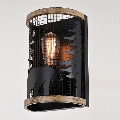 Kodiak 1 Light Black Cage Rustic Wall Sconce Bear and Tree Motif