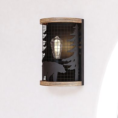 Kodiak 1 Light Black Cage Rustic Wall Sconce Bear and Tree Motif