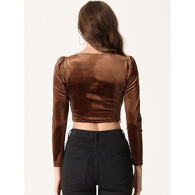 Crop Velvet Long Sleeve Top for Women Casual Square Neck Blouse