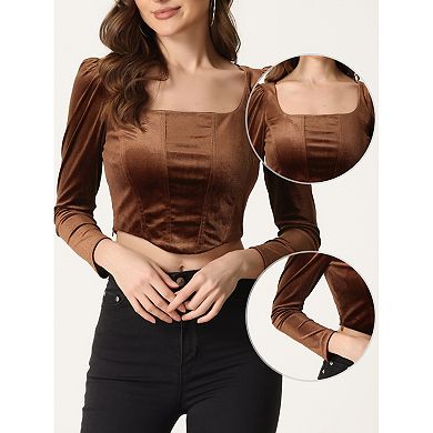 Crop Velvet Long Sleeve Top for Women Casual Square Neck Blouse