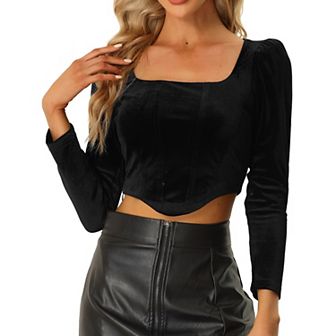 Crop Velvet Long Sleeve Top for Women Casual Square Neck Blouse