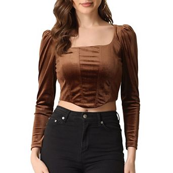 Crop Velvet Long Sleeve Top for Women Casual Square Neck Blouse