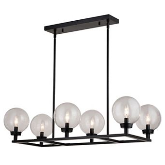 Lander 6 Light Matte Black Linear Chandelier Island Pendant Fixture with Clear Glass Globes