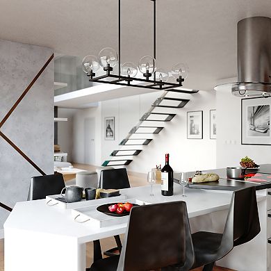 Lander 6 Light Matte Black Linear Chandelier Island Pendant Fixture with Clear Glass Globes