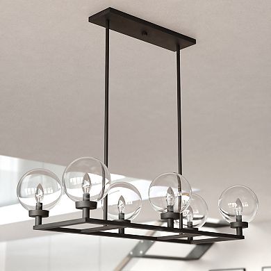 Lander 6 Light Matte Black Linear Chandelier Island Pendant Fixture with Clear Glass Globes