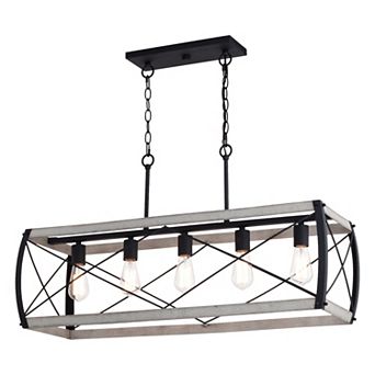 Montclare 5L Black and White Ash Wood Farmhouse Cage Linear Chandelier Island Pendant Light Fixture
