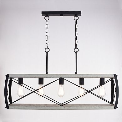 Montclare 5L Black and White Ash Wood Farmhouse Cage Linear Chandelier Island Pendant Light Fixture