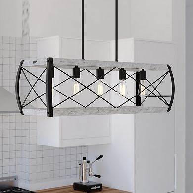 Montclare 5L Black and White Ash Wood Farmhouse Cage Linear Chandelier Island Pendant Light Fixture