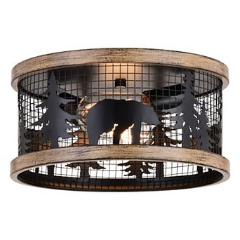 Kodiak 12 in W Black Rustic Round Cage Flush Mount Ceiling Light Fixture Bear and Tree Motif