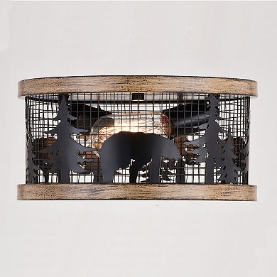 Kodiak 12-in W Black Rustic Round Cage Flush Mount Ceiling Light Fixture Bear and Tree Motif
