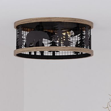 Kodiak 12-in W Black Rustic Round Cage Flush Mount Ceiling Light Fixture Bear and Tree Motif