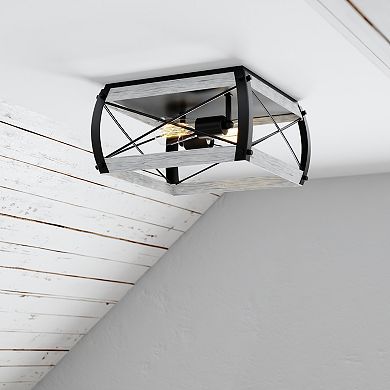 Montclare Black and White Ash Wood Finish Farmhouse Cage Flush Mount Ceiling Light Fixture