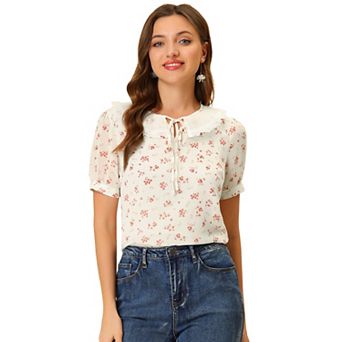 Floral Blouse for Women's Peter Pan Collar Tie Neck Chiffon Shirt Top