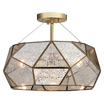 Euclid 16 in W Gold Aged Brass Contemporary Geometric Semi Flush Mount Ceiling Light Fixture with Silver Mercury Glass Shade