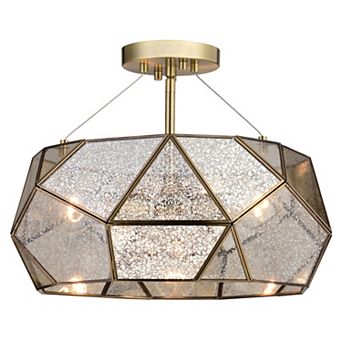 Euclid 16 in W Gold Aged Brass Semi Flush Mount Ceiling Light Fixture with Silver Mercury Glass