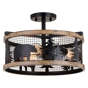 Kodiak 16 in W Black and Teak Rustic Semi Flush Mount Ceiling Light Bear and Tree Motif