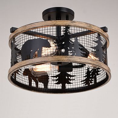 Kodiak 16-in W Black and Teak Rustic Semi Flush Mount Ceiling Light Bear and Tree Motif