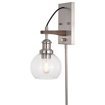 Avondale 6 in Satin Nickel and Wood Farmhouse Plug In Wall Sconce Reading Light, Clear Seed Glass Globe, On/Off Switch
