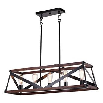 Wade 5L Black and Wood Rustic Cage Linear Chandelier Island Pendant Light Fixture