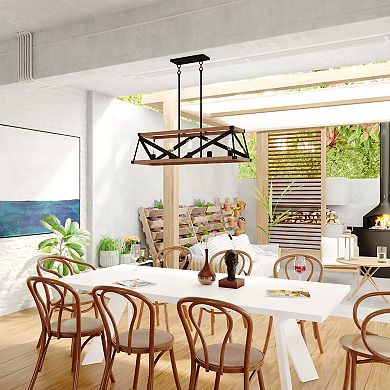 Wade 5L Black and Wood Rustic Cage Linear Chandelier Island Pendant Light Fixture