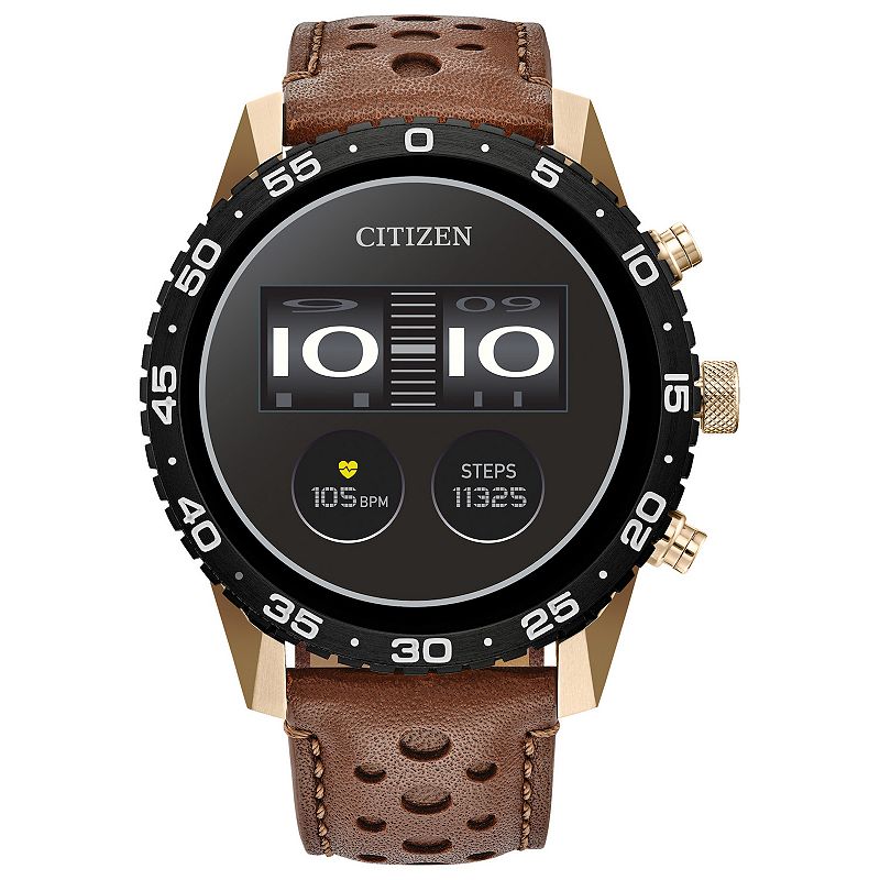 Citizen CZ Smart Touchscreen Unisex Gold Tone Stainless Steel Sport Smart Watch with Brown Perforated Leather Strap - MX1016-28X