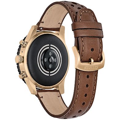 Citizen CZ Smart Touchscreen Unisex Gold Tone Stainless Steel Sport Smart Watch with Brown Perforated Leather Strap - MX1016-28X