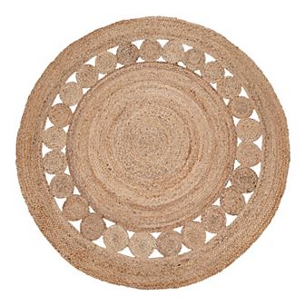Hand-Woven Jute Rug Round with circles and border in Nature