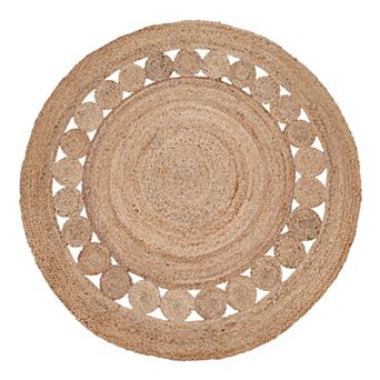 Hand-Woven Jute Rug Round with circles and border in Nature