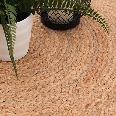 Hand-Woven Jute Rug Round with circles and border in Nature