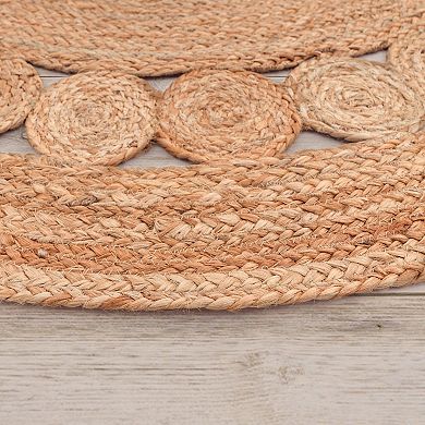 Hand-Woven Jute Rug Round with circles and border in Nature