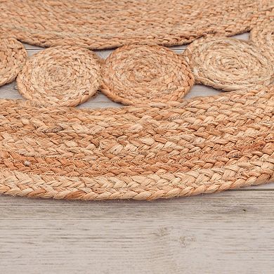 Hand-Woven Jute Rug Round with circles and border in Nature