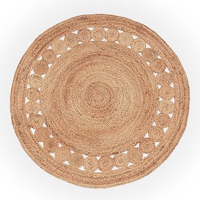 Hand-Woven Jute Rug Round with circles and border in Nature