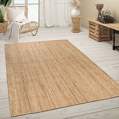 Hand-Woven Jute Rug with Jute Fibers Boho Design in Nature Brown