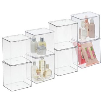 mDesign Plastic Bathroom Stacking Organizer Box with Hinged Lid, 8 Pack, Clear