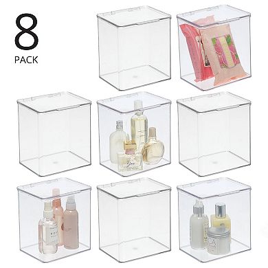 mDesign Plastic Bathroom Stacking Organizer Box with Hinged Lid, 8 Pack, Clear