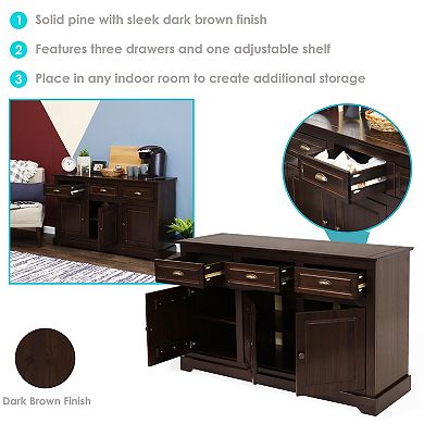 Sunnydaze Solid Pine Sideboard with 3 Drawers and 3 Doors - Dark Brown - 32 in