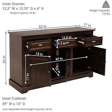 Sunnydaze Solid Pine Sideboard with 3 Drawers and 3 Doors - Dark Brown - 32 in