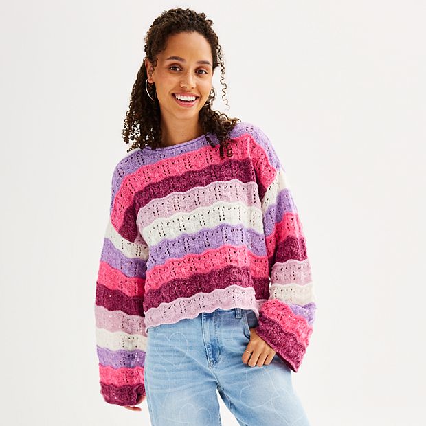 Juniors SO Pullover Open Stitch Striped Long Sleeve Sweater