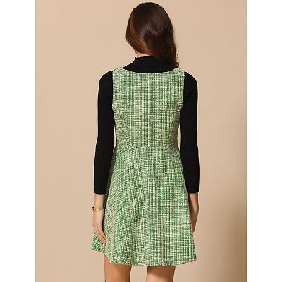Tweed Sleeveless Square Neck Plaid Fit and Flare Dress, Pink / M