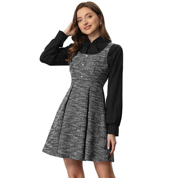 Tweed Sleeveless Square Neck Plaid Fit and Flare Dress, Black / L