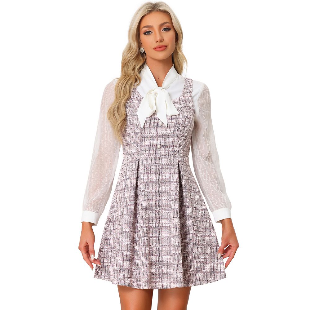 Elegant Tweed Grid Pattern Square Neck Mini Dress