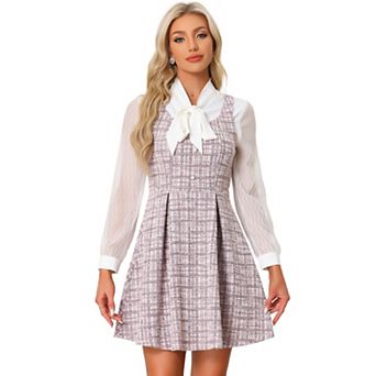 Tweed Dress For Women's Sleeveless Square Neck Plaid Fit And Flare Dress