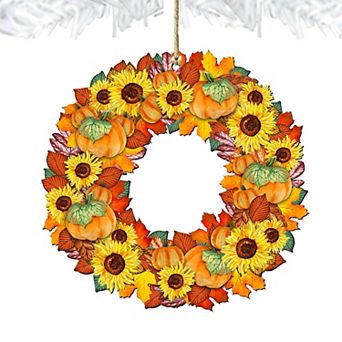 Set of 2 - Flower Fall Wreath Wooden Holiday Ornaments by G. DeBrekht - Thanksgiving Halloween Decor